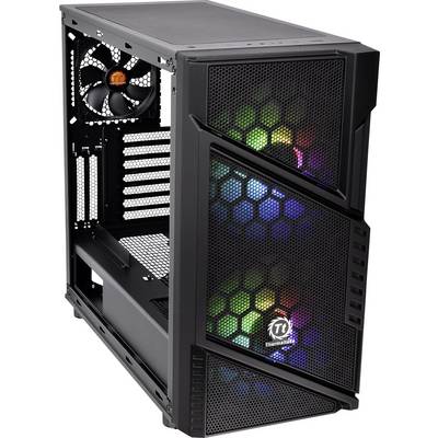 Black PC case with honeycomb mesh design and RGB-illuminated fans, suitable for gaming or high-performance computer build projects.