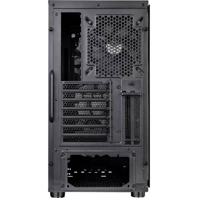 A black computer case, rear view. Ventilation slots, expansion slots, and fan grilles for cooling are visible.