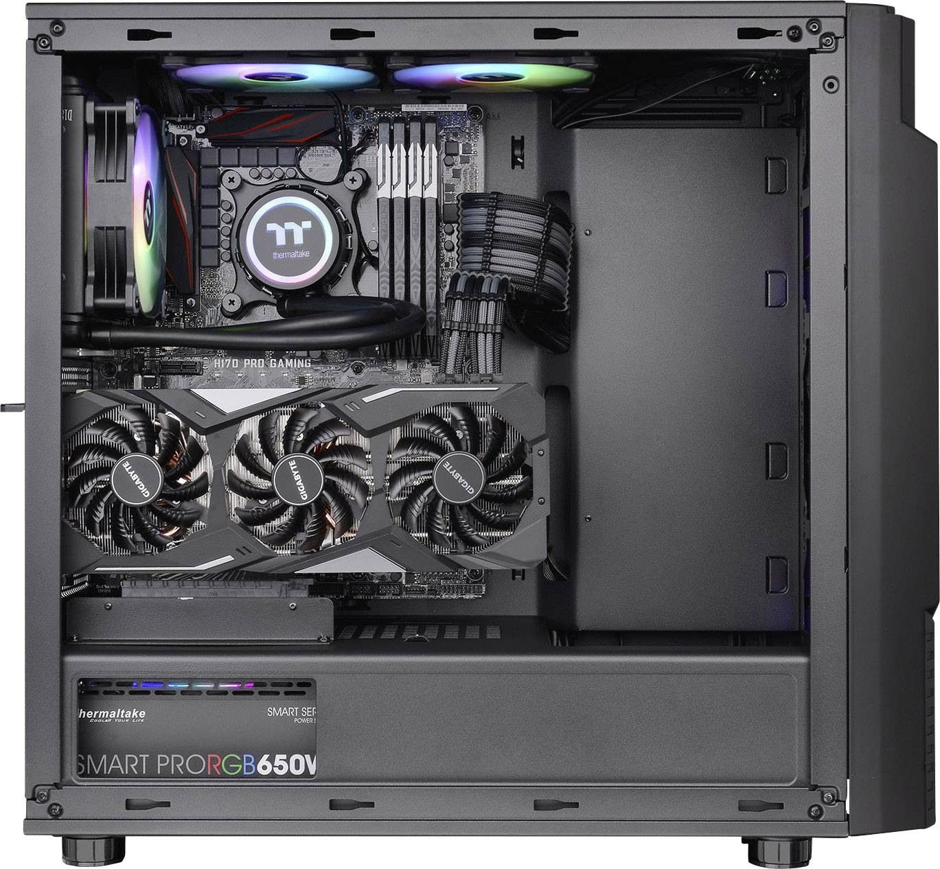 An open computer reveals its internal hardware: motherboard, fan with RGB lighting, graphics card, and power supply.