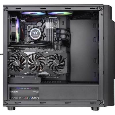 An open computer reveals its internal hardware: motherboard, fan with RGB lighting, graphics card, and power supply.