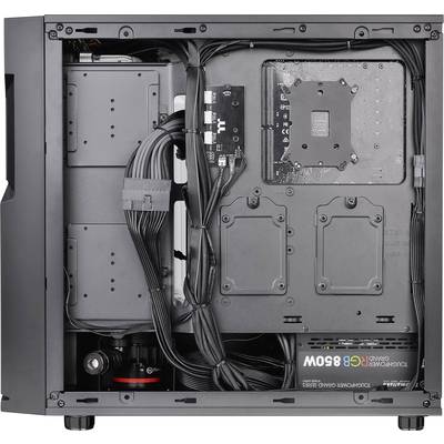The image depicts the interior of a computer case with neatly routed cables, two hard drives, an RGB 850W power supply, and a motherboard.