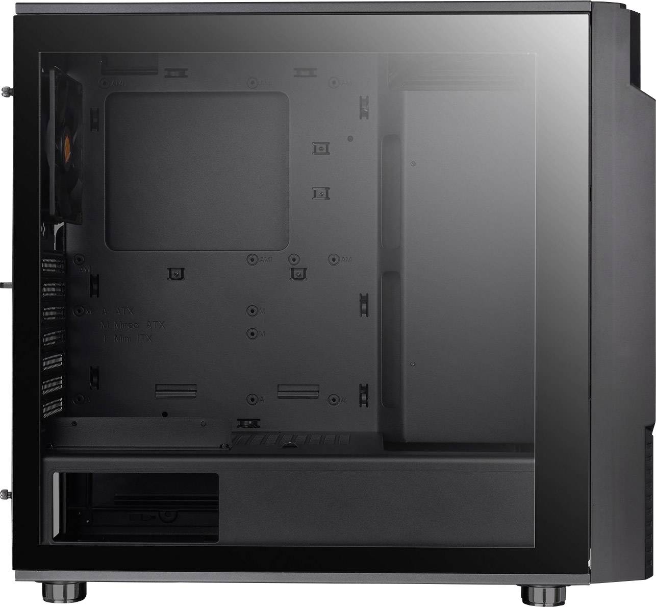 Black computer case with transparent side panel. Interior provides space for components such as motherboard and hard drives.