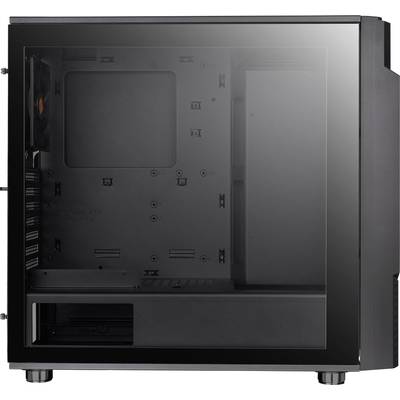 Black computer case with transparent side panel. Interior provides space for components such as motherboard and hard drives.