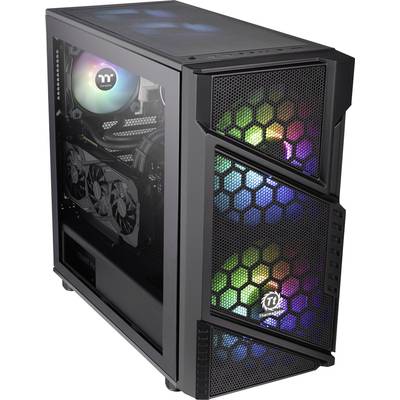 A gaming PC case with colourful RGB lighting, a mesh front panel, and a transparent side panel.