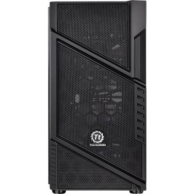 Black PC case by Thermaltake with mesh design and minimalist style, suitable for high-performance desktop computers.