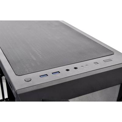 A computer case with two USB 3.0 ports, audio sockets, and a power switch on the top.