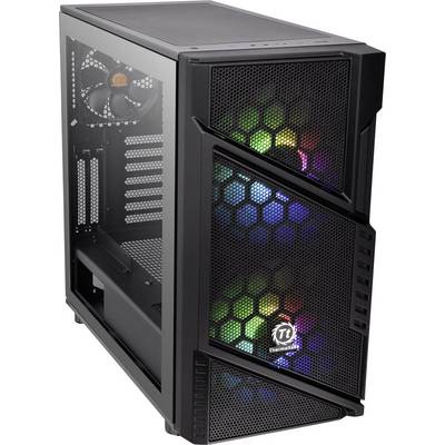 Black computer case with transparent mesh sides and colourful LED lights inside, illuminating in different colours.