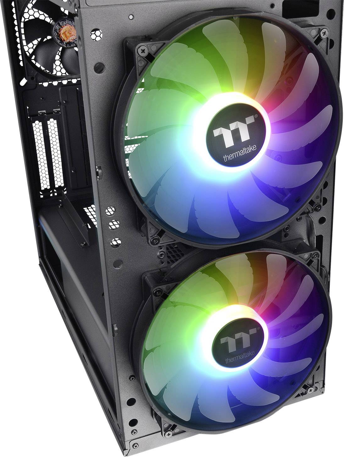 A black computer case with two large, illuminating RGB fans on the front, glowing in various colours.