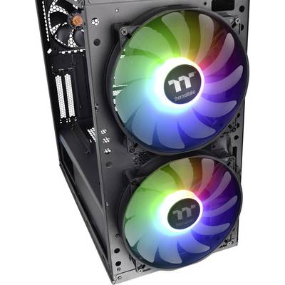 A black computer case with two large, illuminating RGB fans on the front, glowing in various colours.