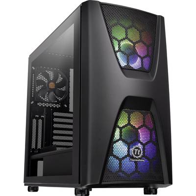 Black computer case with a side window and colourful LED lighting on the front. Contains fans for cooling.