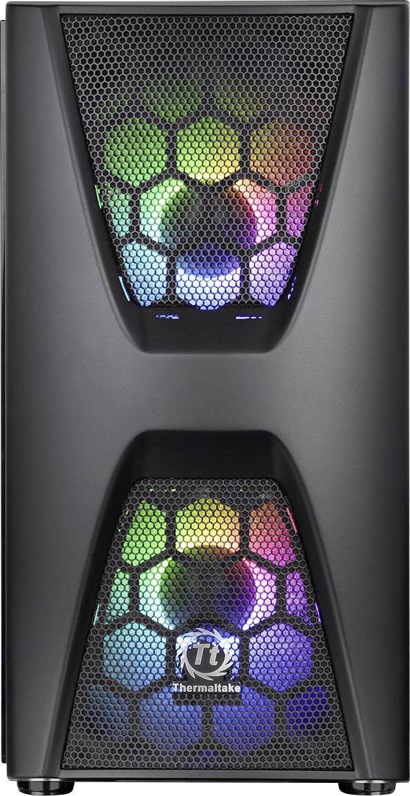 Black computer case with illuminated fans glowing in rainbow colours. The front features a mesh design.