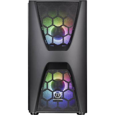 Black computer case with illuminated fans glowing in rainbow colours. The front features a mesh design.