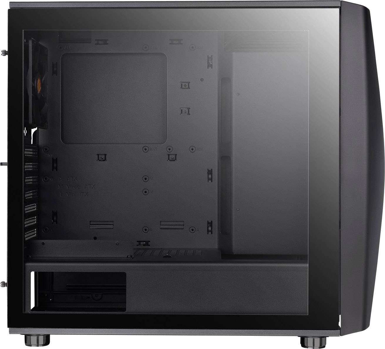 A black computer case with a transparent side panel reveals an empty interior ready for computer hardware installation.