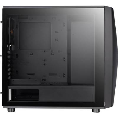 A black computer case with a transparent side panel reveals an empty interior ready for computer hardware installation.