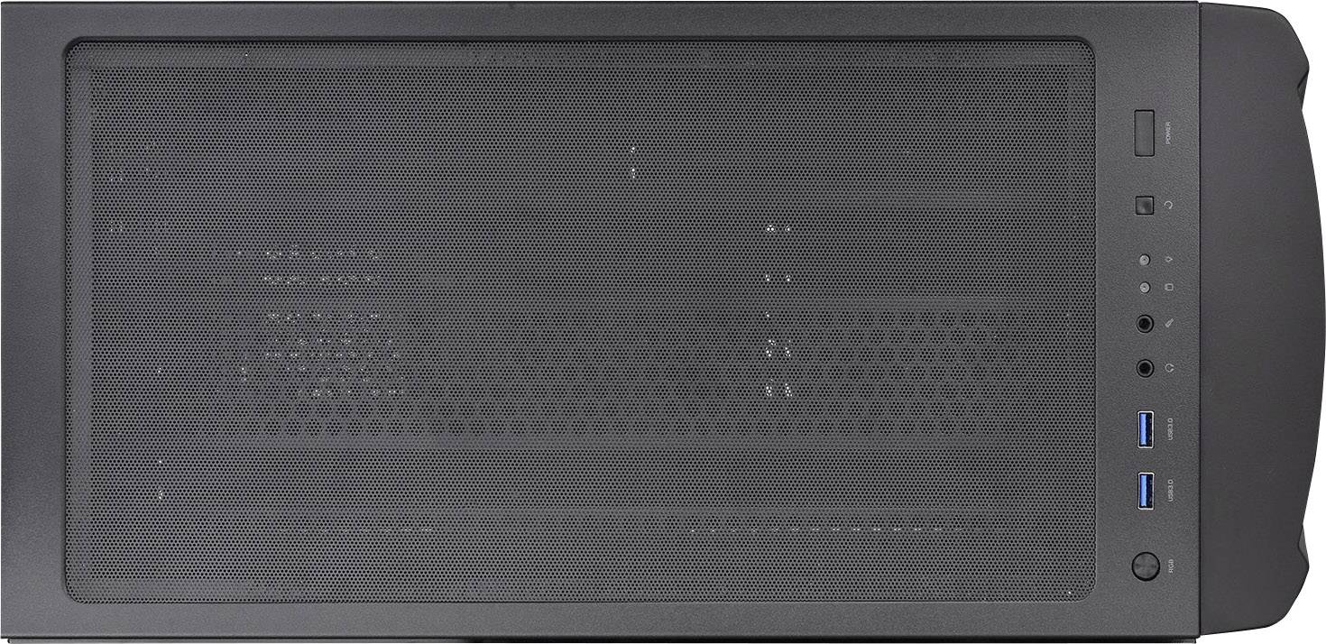 A black computer case viewed from above, with a perforated mesh panel in the centre and connections on the right side.