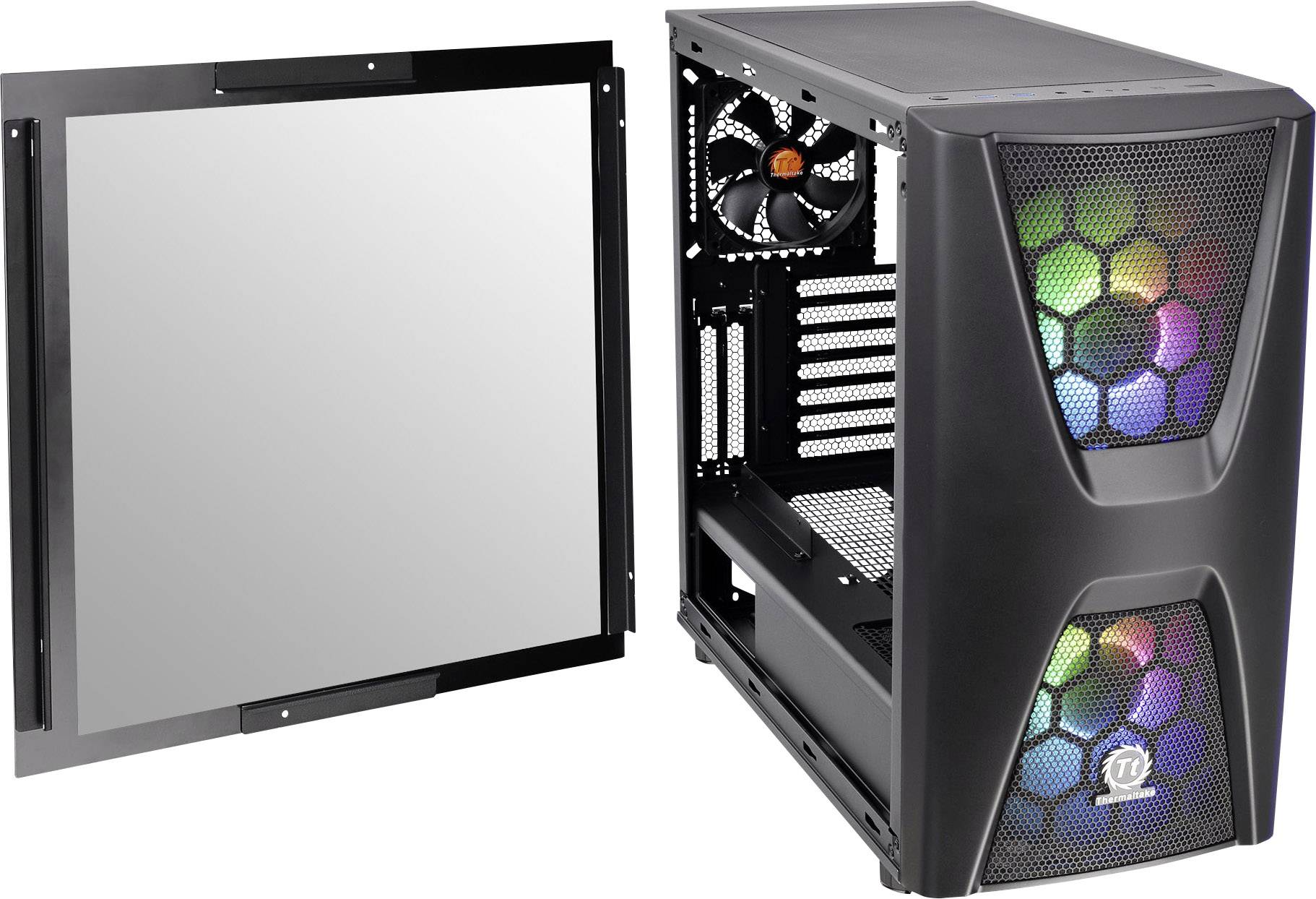 An open computer case with RGB LED lights on the front panel and a removed side panel. A fan is visible inside.