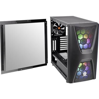 An open computer case with RGB LED lights on the front panel and a removed side panel. A fan is visible inside.