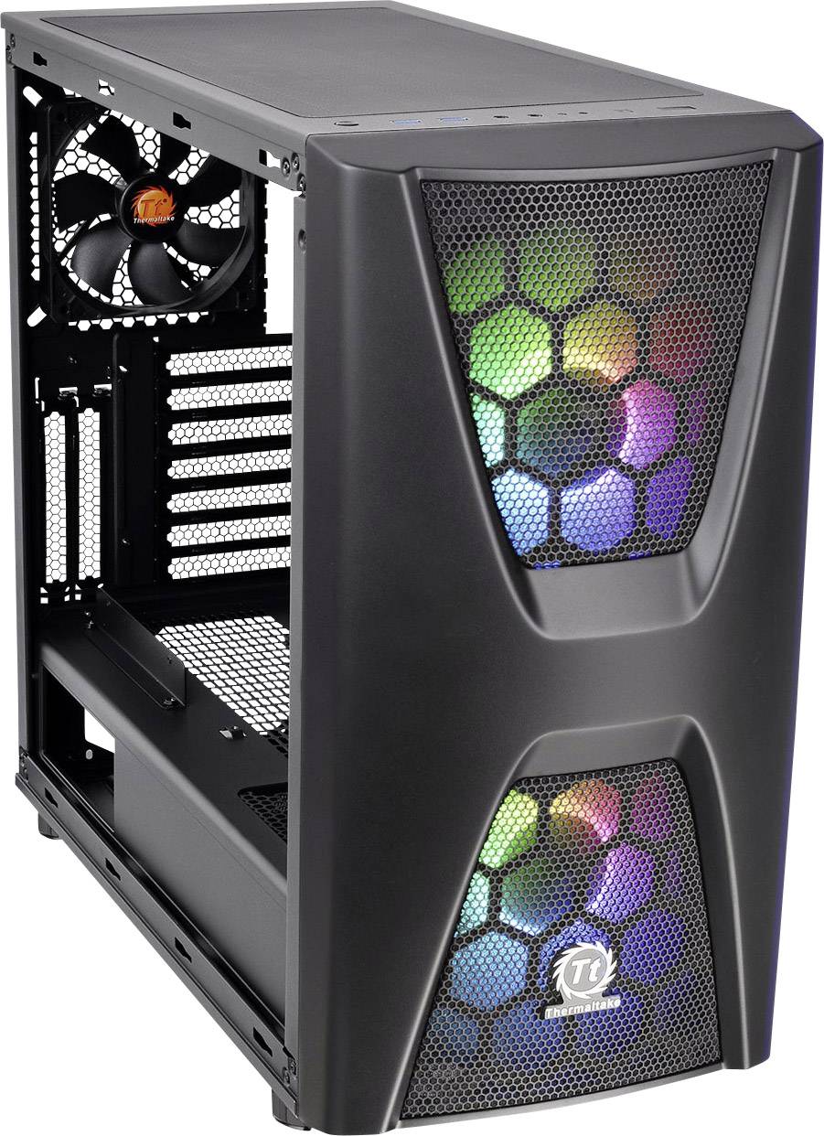 Black PC case with transparent side panel, illuminated by colourful LED fans. Suitable for gaming PCs or high-performance builds.