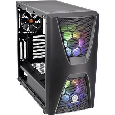 Black PC case with transparent side panel, illuminated by colourful LED fans. Suitable for gaming PCs or high-performance builds.