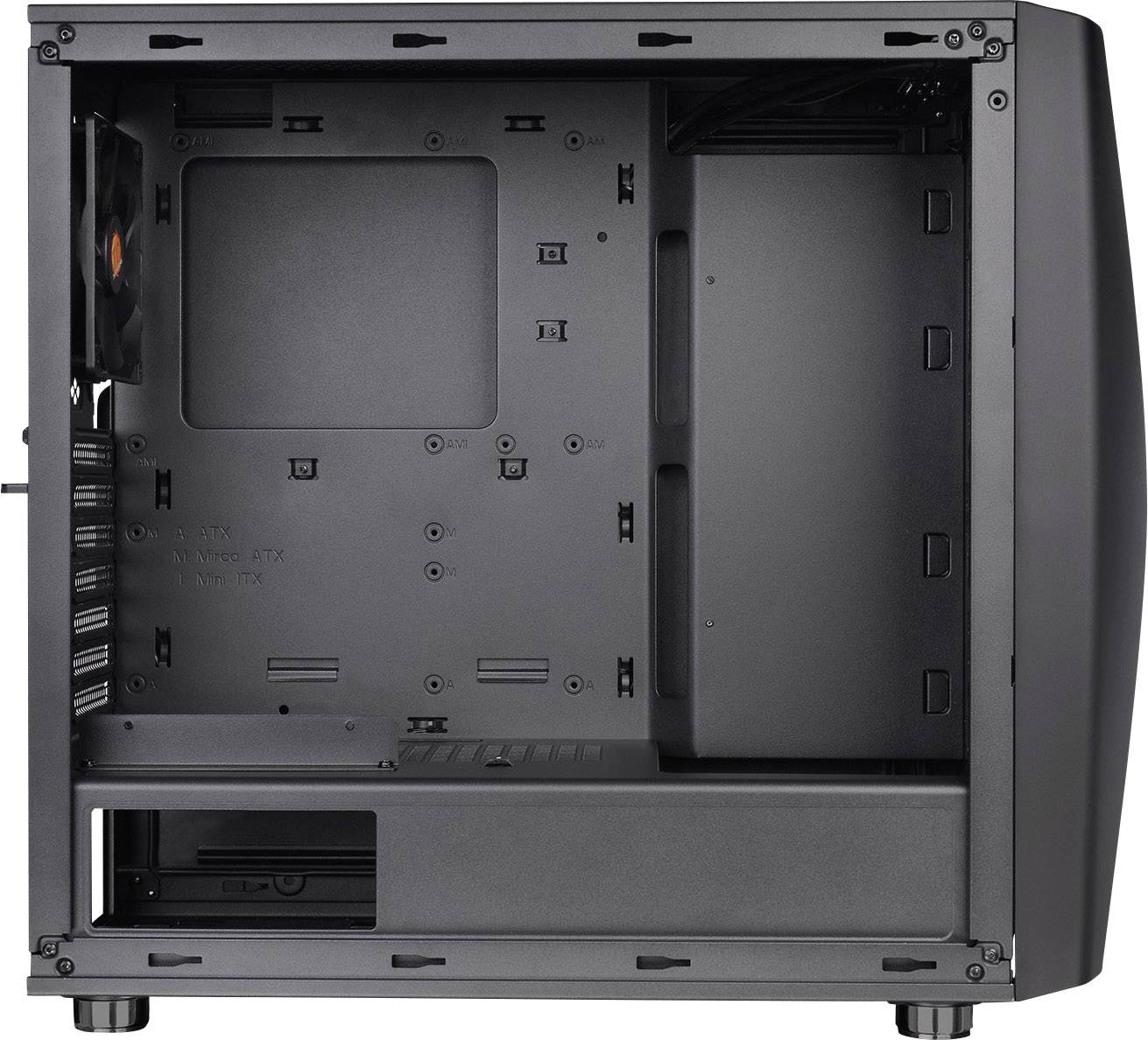 Empty computer case with visible slots for motherboard and fans. Black design with side access.