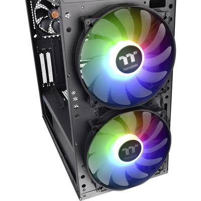 An open computer case with two large, glowing RGB fans radiating in rainbow colours.