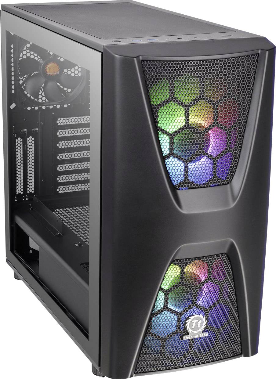 Black computer case with mesh front panel and colourful LED fans, suitable for gaming or high-performance applications.