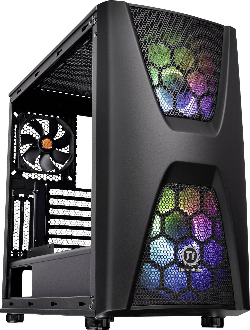 A black computer case with a side-mounted fan and colourful LED lighting on the front.