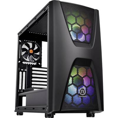 A black computer case with a side-mounted fan and colourful LED lighting on the front.