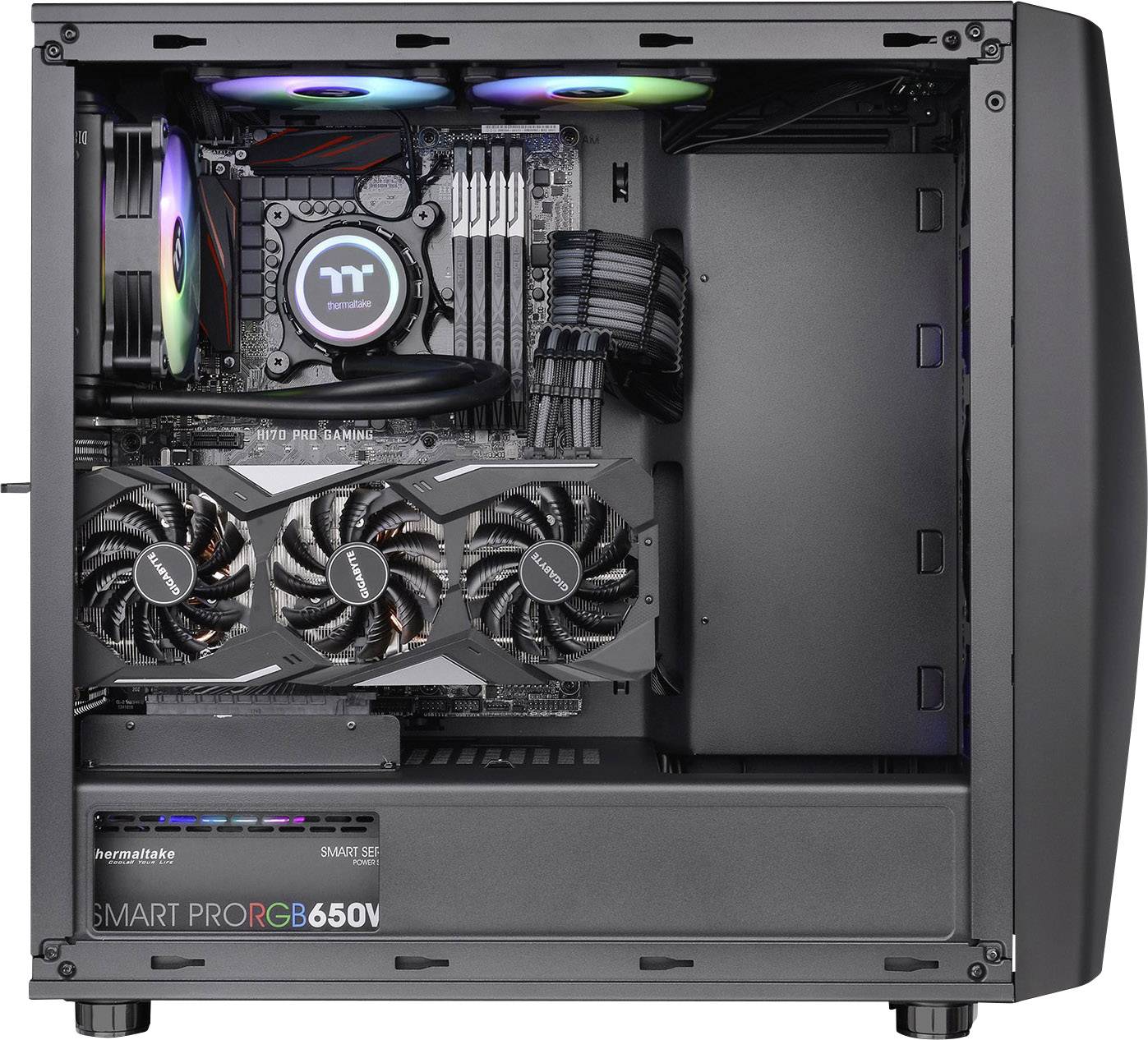 An open computer case reveals cooling components with RGB lighting, a graphics card with two fans, and a power supply unit.