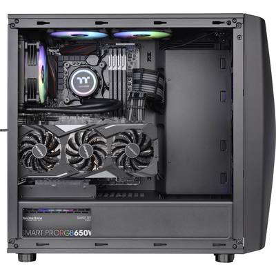 An open computer case reveals cooling components with RGB lighting, a graphics card with two fans, and a power supply unit.