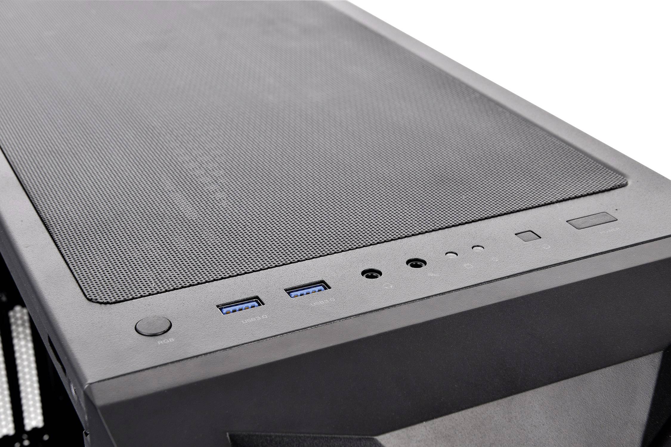 Top surface of a computer case with ports: two USB ports, headphone socket, microphone socket, and power switch.