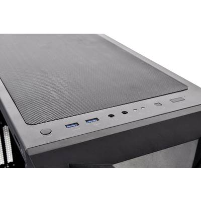 Top surface of a computer case with ports: two USB ports, headphone socket, microphone socket, and power switch.