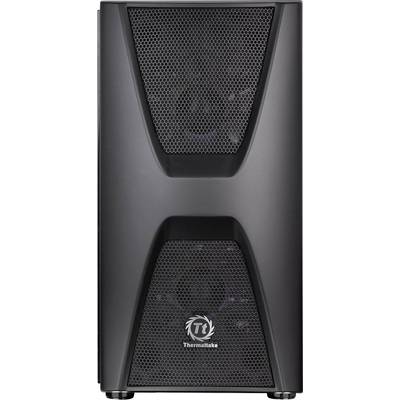 Black Thermaltake computer case with two ventilation grilles on the front.