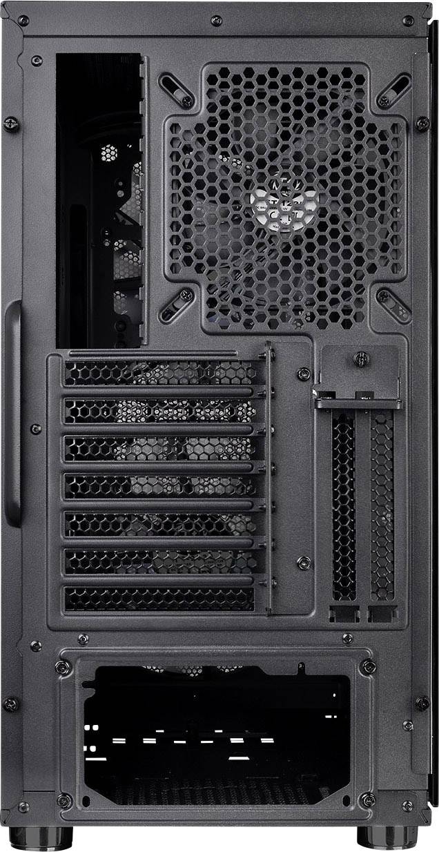 Rear view of a PC case with multiple expansion slots, fan grilles, and ventilation openings.