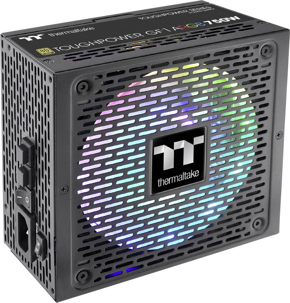 PC power supply from Thermaltake, model 'Toughpower GF1 ARGB 750W', with RGB-illuminated fan and black metal casing.
