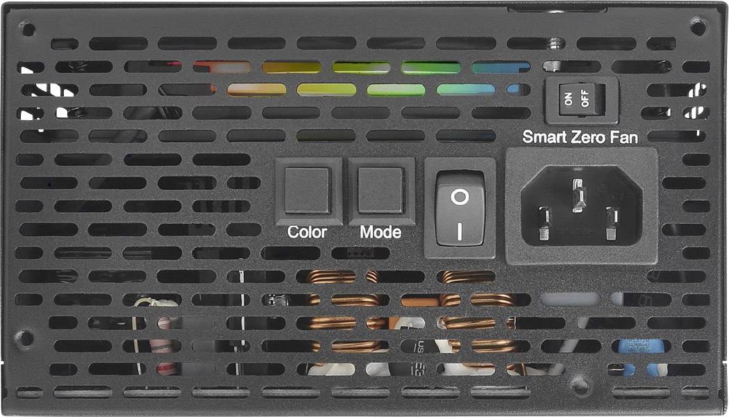 Back of a computer power supply with switches for 'Colour' and 'Mode', main power switch, power connection, and 'Smart Zero Fan' indication.