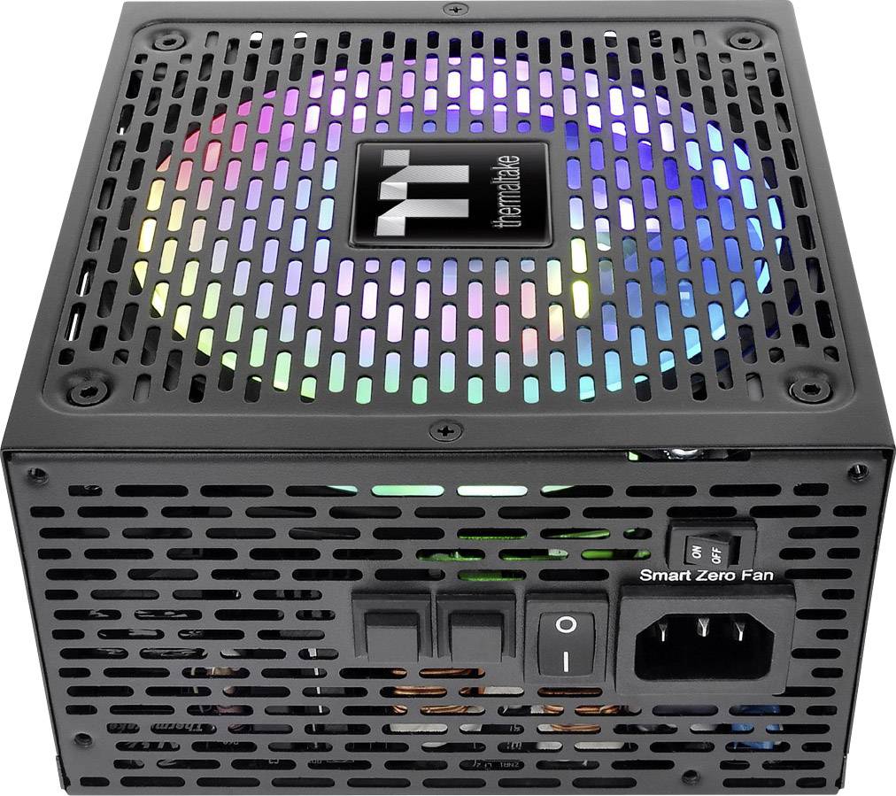Black computer power supply with RGB lighting on top, 'Smart Zero Fan' switches, and power connection on the side.