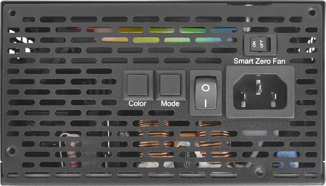 Power supply rear with ventilation grille, switches for 'Colour', 'Mode' and 'Smart Zero Fan', and a power connection.