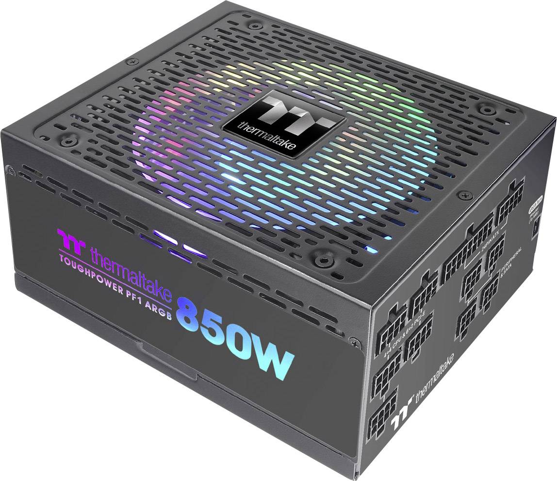 Black Thermaltake computer power supply with RGB lighting and '850W' marking.