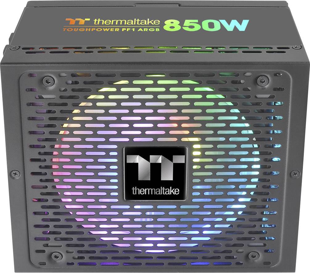 A black Thermaltake 850W power supply with colourful LED lighting behind a grille. Model: Toughpower PF1 ARGB.