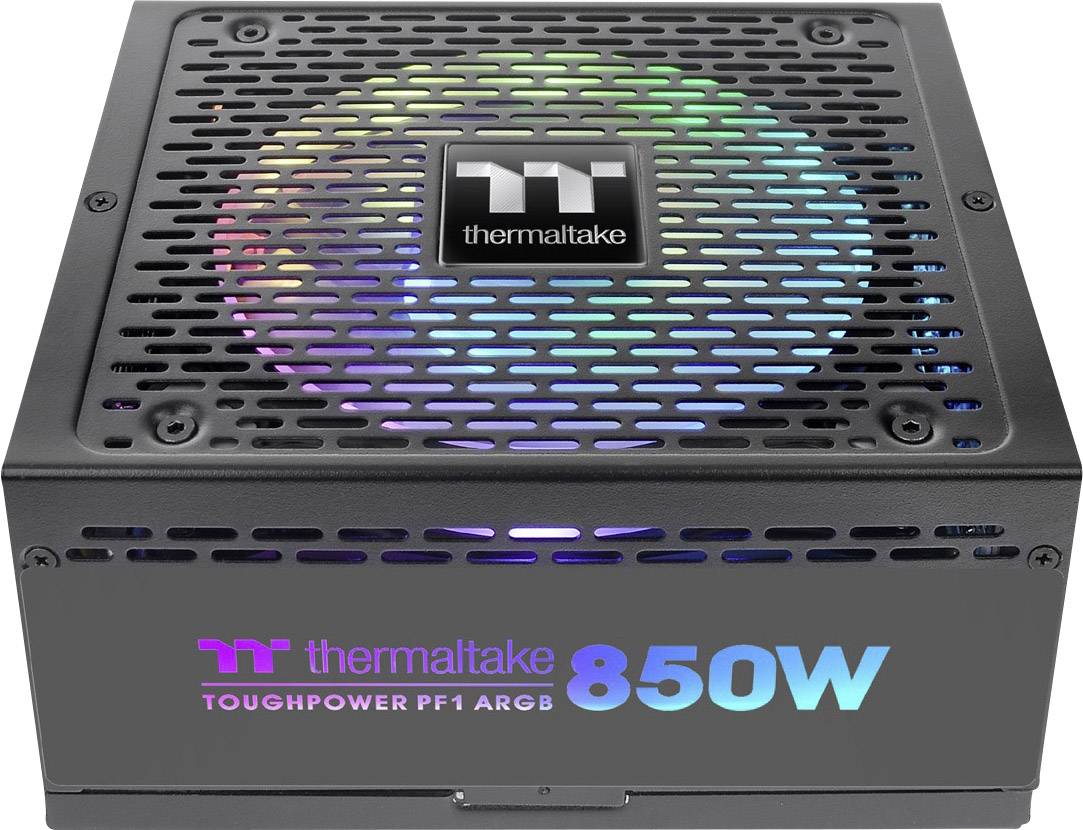 A black power supply with 850W output and RGB lighting from Thermaltake, model 'TOUGHPOWER PF1 ARGB'.