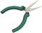 A green and black pointed pliers with metal tips, suitable for precise gripping and cutting tasks in electrical or craft projects.