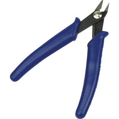 Blue-handled wire cutters with sharp metal jaws on a white background.