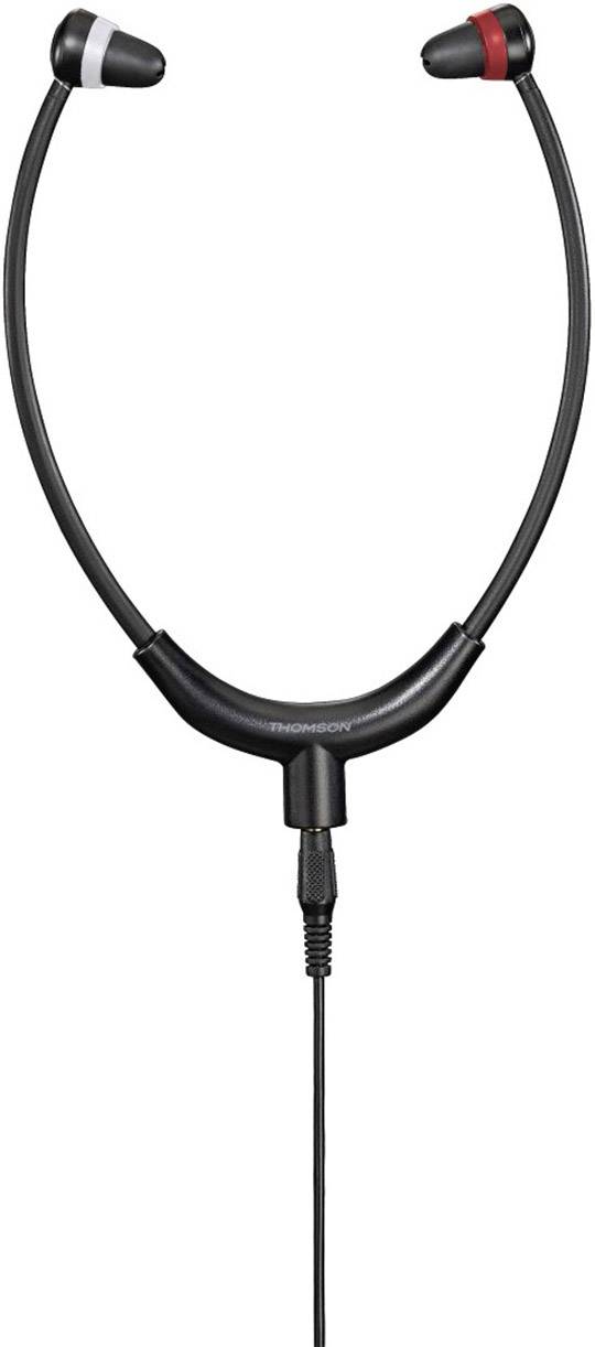 Black stethoscope with two earpieces, one with red and one with white accents, suitable for medical diagnoses.