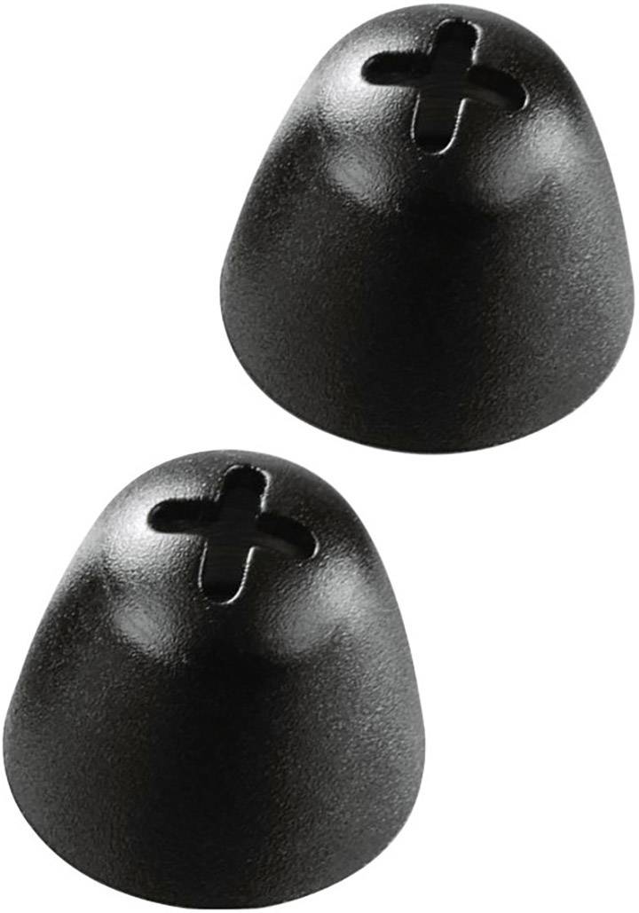 Two black, dome-shaped objects with a cross-shaped slot, suitable as handles or control knobs.