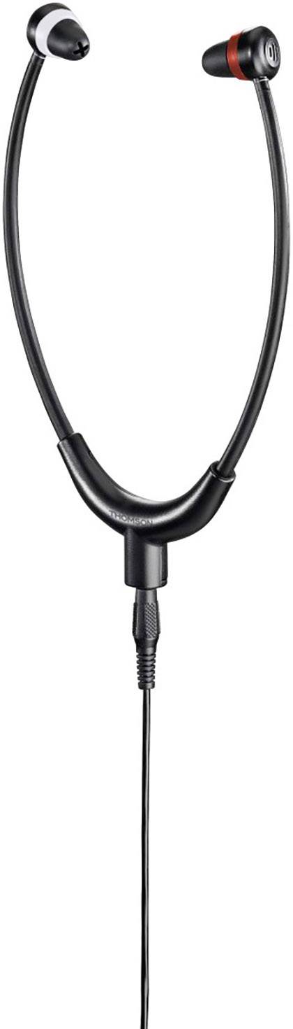 A black stethoscope with a wire for audio transmission, functioning as headphones.