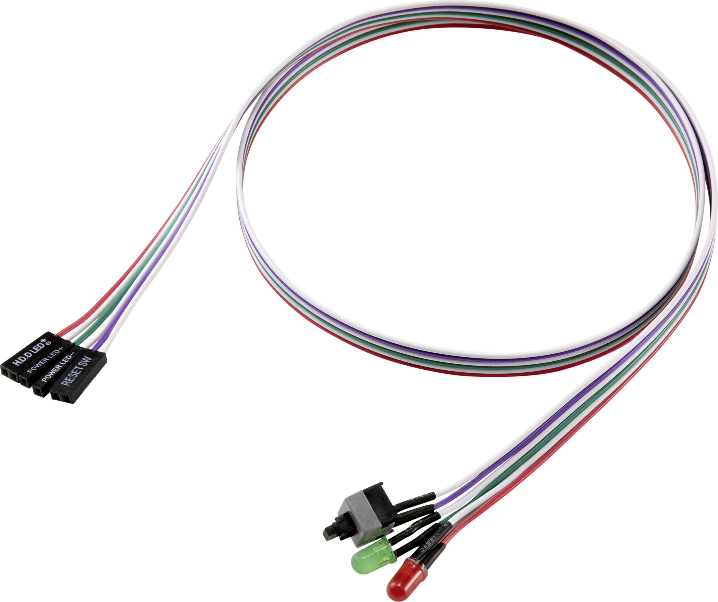 Cable with red and green LED lights and a black switch at one end; connectors are located at the other end.