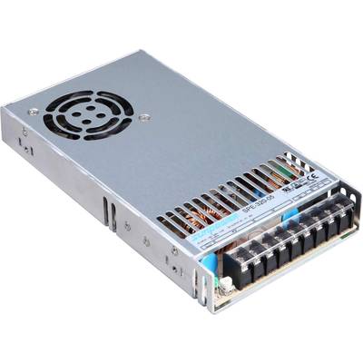 A rectangular silver power supply unit with a fan and connection terminals for electrical connections, marked with technical specifications.