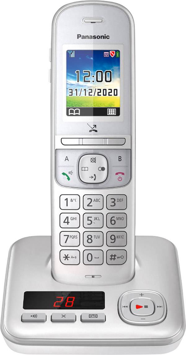 Cordless telephone with colour display and answering machine. Display of time and date. Brand: Panasonic.