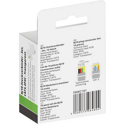Packaging of an RJ10 connector set with 15 pieces, transparent. Technical details listed with a colour connection guide.